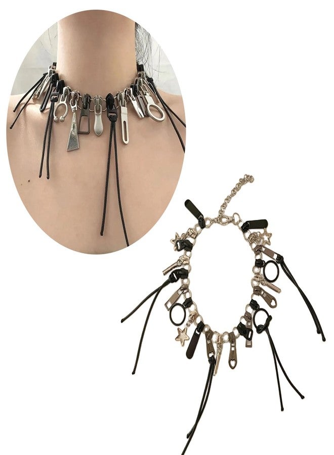 Haoyull Alloy Necklace Unique Zipper Necklace Personality Clavicle Chains Retro Fringe Chain Head Hip Hop Choker Women's Fashion Accessory, Size:Approx.41cm, As Shown in the Picture - Image 2